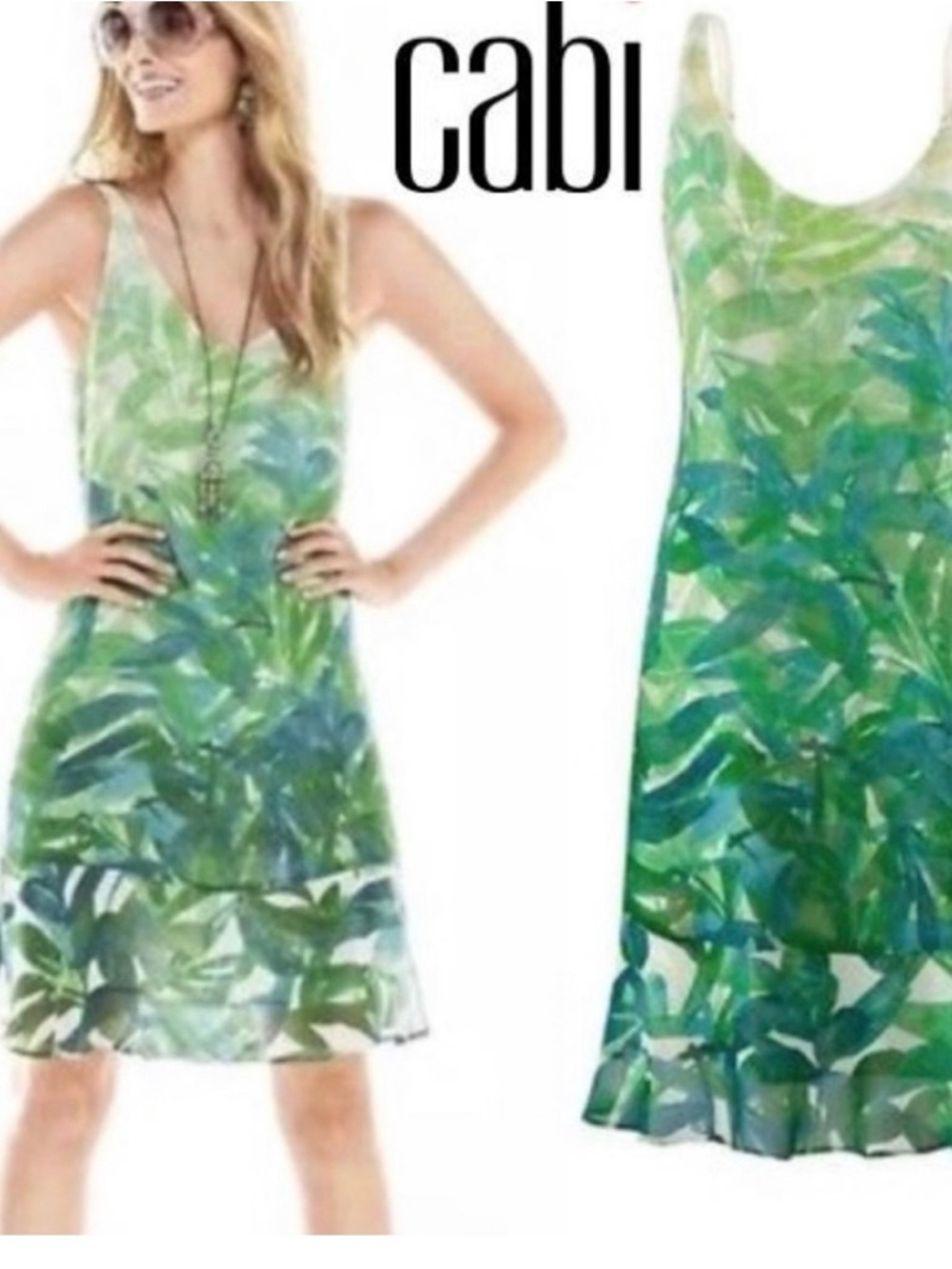 CAbi Castaway Green & Blue Leaf-Print Sleeveless Mini Dress